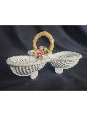 Vintage Italian Capodimonte-style Veramic Woven basket 3 Compartments Roses Vine